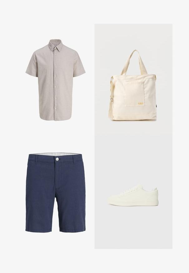 Chemise beige à manches courtes avec col pointu et sept boutons sur le devant, fabriquée en tissu léger.; Shorts bleu marine jusqu'aux genoux avec fermeture à boutons, passants pour ceinture et poches avant, conçus pour une tenue décontractée.; Baskets blanches avec une tige à texture lisse, bout arrondi et laçage traditionnel, arborant un design minimaliste et une semelle en caoutchouc.; Sac fourre-tout en toile crème avec poche avant, deux poignées, bandoulière réglable et petit texte jaune "O.N.S" en bas à droite de la poche.