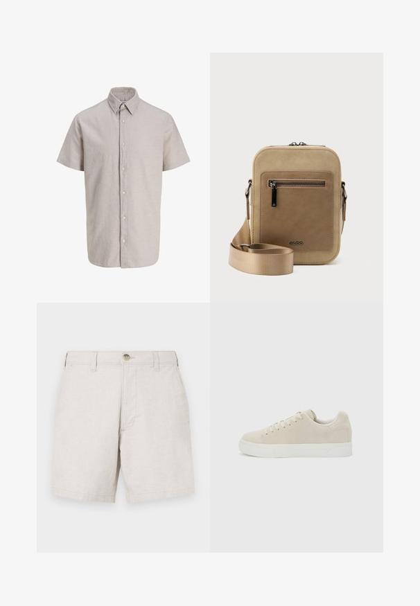Beige overhemd met korte mouwen, puntige kraag en zeven knopen aan de voorkant, gemaakt van lichtgewicht stof.; Beige linnen shorts met een rechte snit, voorzien van een frontale knoopsluiting, riemlussen en twee zijzakken. Gestructureerde stof.; Beige lage sneaker met veters aan de voorkant en dikke witte rubberen zool op een effen lichtgrijze achtergrond.; Kleine beige crossbodytas met een voorvak met ritssluiting, metalen ALDO-logo, verstelbare brede band en afgeronde rechthoekige vorm op een witte achtergrond.