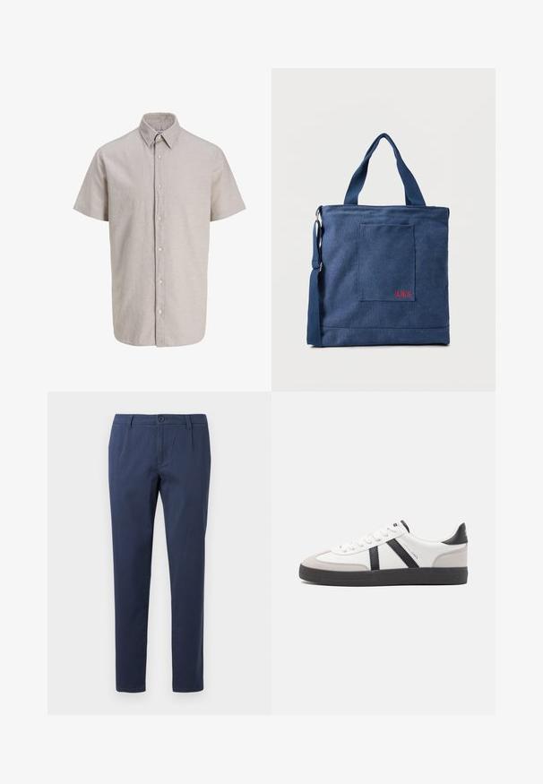 Kortærmet beige skjorte med knapper foran og spidst krave, lavet af let stof.; Marineblå bukser lavet af letvægtsstof, med en frontknaplukning, to sidelommer og en lige snit.; Hvide sneakers med sorte og grå detaljer, med en tekstureret grå tåhætte, sort gummisål og flade hvide snørebånd. Rent design, minimalistisk stil.; Blå lærredstote taske med frontlomme og rød "O.N.S" broderi, med to håndtag og en justerbar skulderrem.