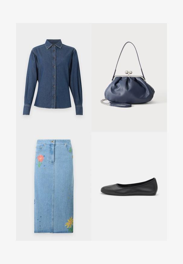 Σκούρο μπλε πουκάμισο από denim με μακριά μανίκια, εμπρόσθιο κούμπωμα με κουμπιά, μυτερό γιακά και εμφανείς λευκές ραφές κατά μήκος των ραφών και των μανσετών.; Μεταξωτή midi φούστα από ανοιχτό γαλάζιο τζιν με μπροστινές τσέπες, κλείσιμο με κουμπιά και πολύχρωμα κεντητά λουλούδια στις πλευρές και στο κάτω μέρος.; Μαύρο δερμάτινο μπαλαρίνι με στρογγυλή μύτη, λεία υφή, ελάχιστες λεπτομέρειες ραφής και σχεδίαση ευέλικτης σόλας.; Μαλακή τσάντα από δέρμα σε ναυτικό μπλε χρώμα με ασημένιο κλείσιμο, έναν ιμάντα ώμου και αποσπώμενο αλυσίδα για τον καρπό σε λευκό φόντο.