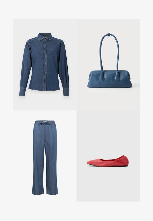 Donkerblauw denim overhemd met lange mouwen, knoopsluiting aan de voorkant, puntige kraag en zichtbare witte stiksels langs naden en manchetten.; Lange denim broek met wijde pijpen in een gemiddelde blauwe tint, voorzien van een elastische tailleband met een verstelbaar trekkoord en een rechte snit voor een comfortabele pasvorm.; Filippa K REY FLATS - Ballerina's - bright red; Blauwe leren handtas met lange handvatten en een rechthoekige bodem, tegen een effen witte achtergrond.