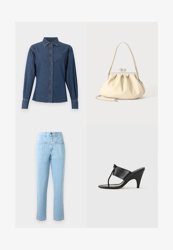Σκούρο μπλε πουκάμισο από denim με μακριά μανίκια, εμπρόσθιο κούμπωμα με κουμπιά, μυτερό γιακά και εμφανείς λευκές ραφές κατά μήκος των ραφών και των μανσετών.; Τζιν ψηλής μέσης σε ανοιχτό μπλε χρώμα με μπροστινές τσέπες, κλείσιμο με κουμπί και φερμουάρ, και ίσια κοπή ποδιών.; Μαύρο σανδάλι με ψηλό τακούνι, με φαρδιά μπροστινή λουρίδα και δακτύλιο για τα δάχτυλα που διαθέτει λεπτομέρεια με κόμπο από κορδόνι, εμφανίζεται σε πλευρικό προφίλ σε λευκό φόντο.; Τσάντα από μαλακό δέρμα σε μπεζ απόχρωση με σούρες, ασημένιο κούμπωμα με πλαίσιο, κοντή λαβή και αποσπώμενο αλυσίδα.