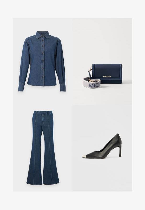 Camisa vaquera azul oscuro de manga larga con cierre de botones delantero, cuello puntiagudo y costuras blancas visibles a lo largo de las costuras y los puños.; Pantalones de mezclilla acampanados en azul oscuro, con costuras estructuradas y un acabado limpio. Presenta una cinturilla de altura media y piernas anchas y fluidas.; Zapato de tacón alto de cuero negro con punta en forma de pico y una tapa metálica plateada. Presenta un acabado suave y un tacón delgado de 10 cm.; Cartera de cuero azul marino con un logo dorado, cuenta con una correa desmontable con "MICHAEL" en texto blanco sobre un fondo texturizado. Diseño compacto.