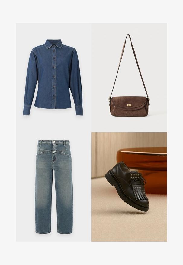 Donkerblauw denim overhemd met lange mouwen, knoopsluiting aan de voorkant, puntige kraag en zichtbare witte stiksels langs naden en manchetten.; CLOSED STOVER X - Jeans Tapered Fit - mid blue; Zwarte lederen veterlaars met decoratieve franjes en metalen studs geplaatst op een beige tapijt nabij bruin meubilair.; Bruine suède schoudertas met een lange verstelbare band en een gouden draaisluiting op de voorflap.