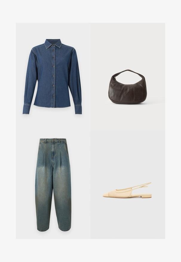 Chemise en denim bleu foncé à manches longues avec boutons sur le devant, col pointu et coutures blanches visibles le long des coutures et des poignets.; Jean en denim bleu à taille haute, coupe ample, avec des plis, une fermeture avant à boutons et fermeture éclair, et des poches latérales.; Chaussure plate slingback en beige clair avec une tige en maille, un bout pointu et un petit talon. Dotée d'une sangle ajustable pour un bon maintien.; Petit sac à main marron foncé texturé avec une courte bandoulière et un fond arrondi sur un fond clair uni.