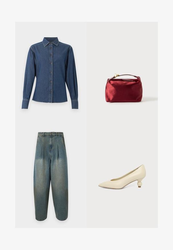 Chemise en denim bleu foncé à manches longues avec boutons sur le devant, col pointu et coutures blanches visibles le long des coutures et des poignets.; Jean en denim bleu à taille haute, coupe ample, avec des plis, une fermeture avant à boutons et fermeture éclair, et des poches latérales.; Chaussure femme couleur crème à bout pointu avec un petit talon rond en forme de boule, sur fond uni.; Trousse de maquillage en satin bourgogne de forme rectangulaire, avec fermeture éclair et une poignée courte. Présente un design minimaliste et une texture lisse.