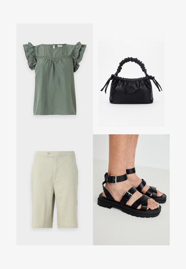Grøn kortærmet bluse med flæser på ærmerne, struktureret stof og dekorativ syning langs halsudskæringen. Lukning med nøglehul bagpå.; Lysegrå shorts lavet af et blødt materiale. Har en knaplukning, sidelommer og et lige ben-design.; Sorte lædersandaler med brede remme og en ankelspænde. Kraftig sål med tekstureret overflade. Åben tå-design for åndbarhed.; Sort taske med krokodilletekstur, rynket øverste kant, samlet hank og snore med kvaster på hver side mod en hvid baggrund.