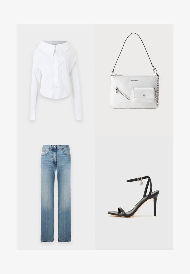 Chemise blanche à manches longues, épaules dénudées, boutonnée, avec un large col et un ourlet incurvé sur un fond uni.; Jean droit bleu clair en denim, avec un léger dégradé, un design classique à cinq poches et un bouton en métal à la taille.; Sandale à talon haut noire avec une bride étroite à la cheville, bout carré, cuir lisse et accent de boucle métallique.; Sac à main en cuir blanc avec bandoulière noire amovible, poche zippée frontale et petite poche avec fermeture à fermoir argenté et détail chaîne.