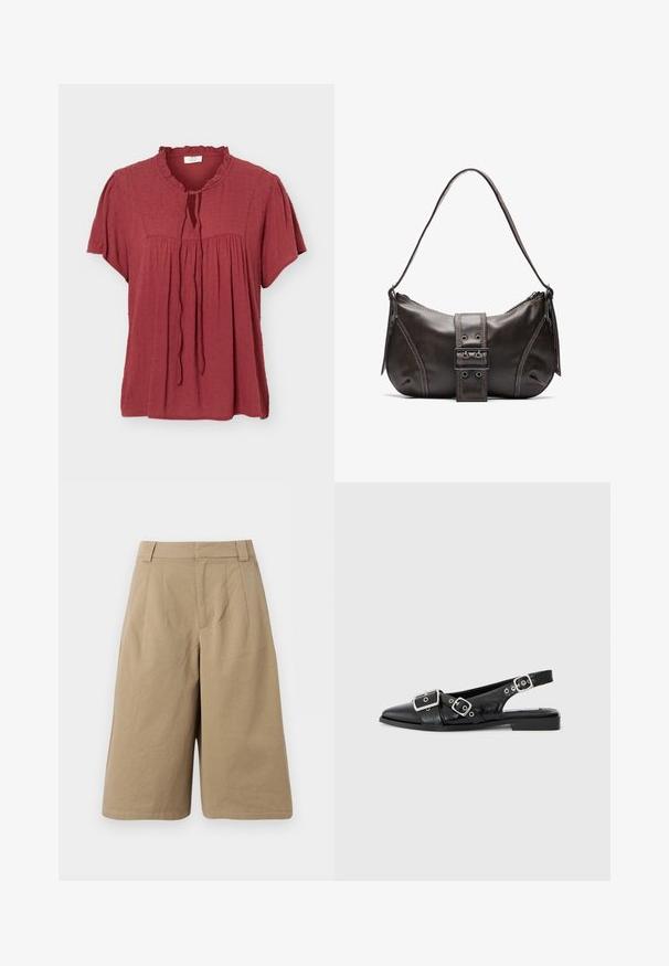 Roestrode blouse met korte mouwen met een gestructureerd stippenpatroon, gerimpelde kraag, geplooide kop en een vetersluiting aan de voorkant.; Beige knielange shorts met lussen voor een riem, voorplooien en een verborgen voorsluiting, gemaakt van zachte stof.; Zwart leren slingback schoen met een spitse neus, twee zilveren gespen en een lage blokhak. Bevat een gemêleerde bovenkant en een open achterkant.; Bruine leren schoudertas met een gebogen vorm, voorzien van een opvallende gespdetail, contrasterende stiksels en een enkele schouderband.