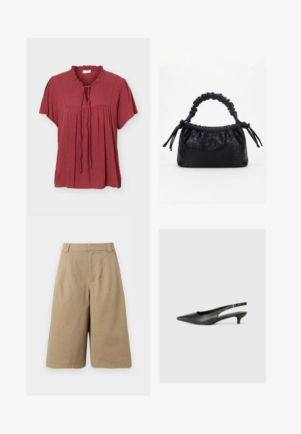 Roestrode blouse met korte mouwen met een gestructureerd stippenpatroon, gerimpelde kraag, geplooide kop en een vetersluiting aan de voorkant.; Beige knielange shorts met lussen voor een riem, voorplooien en een verborgen voorsluiting, gemaakt van zachte stof.; Zwarte puntschoen met slingback van soepel leer. Kenmerkt zich door een dunne hak en een gespdetail op de verstelbare band.; Zwarte handtas met krokodillenstructuur, geplooide bovenrand, samengevoerde handgreep en koordtassels aan elke kant tegen een witte achtergrond.