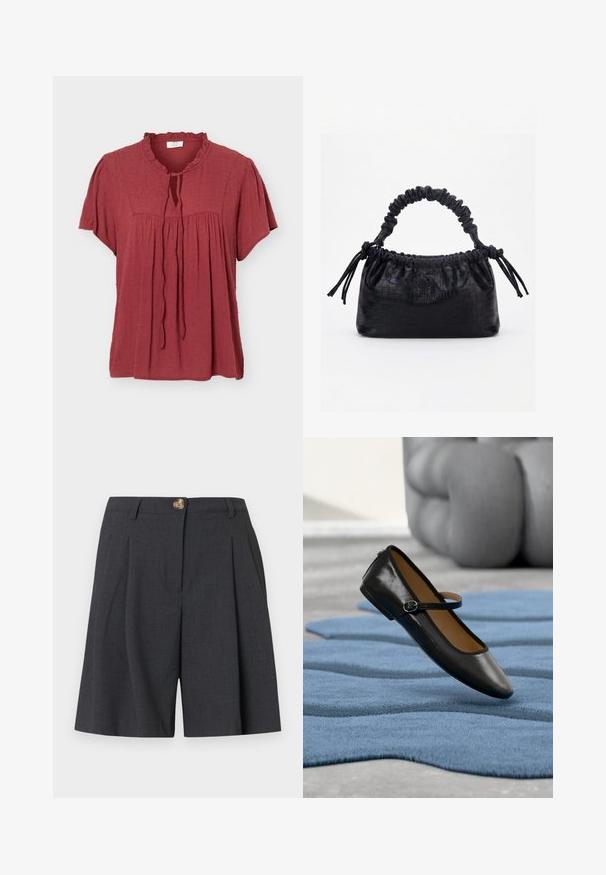 Blouse manches courtes rouge rouille avec motif à pois texturé, col à volants, empiècement froncé et détail noué à l'avant.; Shorts gris foncé ajustés avec passants pour ceinture, fermeture par bouton à l'avant et plis, conçus pour un look formel ou professionnel décontracté.; Chaussure Mary Jane en cuir noir avec bride à boucle, posée sur un tapis bleu texturé, avec un canapé gris capitonné flou en arrière-plan.; Sac à main noir avec texture crocodile, bord supérieur froncé, poignée plissée et pompons à cordon de chaque côté sur fond blanc.
