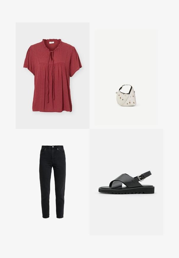 Roestrode blouse met korte mouwen met een gestructureerd stippenpatroon, gerimpelde kraag, geplooide kop en een vetersluiting aan de voorkant.; High-waist zwarte spijkerbroek met voorste knoop en rits, twee voorzakken en taps toelopende pijpen op een witte achtergrond.; Zwarte leren sandalen met een kruisbandontwerp, verstelbare gesp en een gestructureerde zool met ribbels voor grip.; Kleine witte handtas met bruine vlekken, afgeronde driehoekige vorm, zwarte binnenvoering en korte verstelbare band met zilveren gesp.