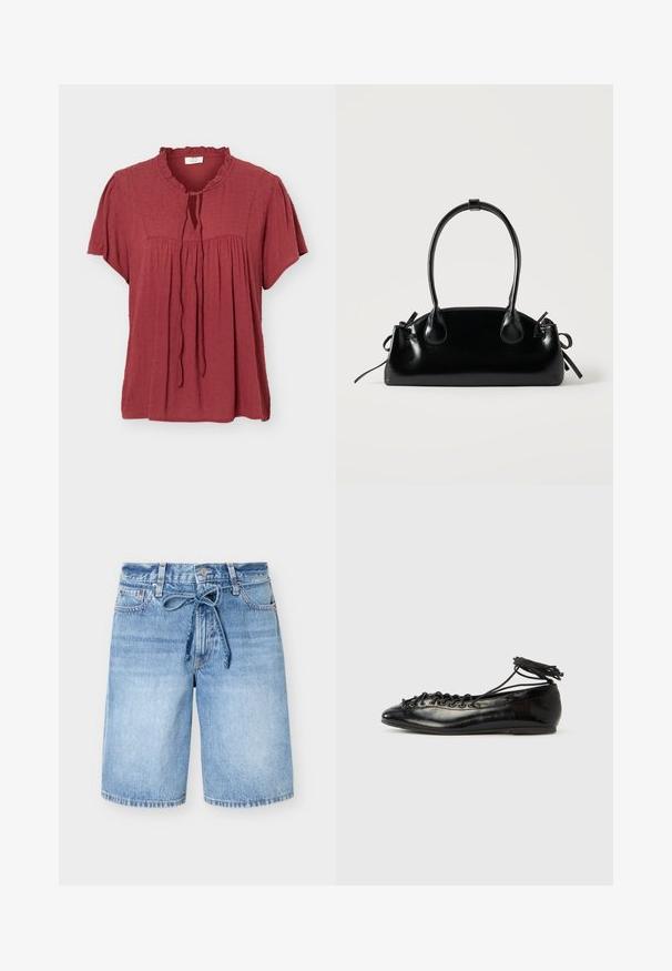 Blouse manches courtes rouge rouille avec motif à pois texturé, col à volants, empiècement froncé et détail noué à l'avant.; Short en denim bleu moyen avec taille haute, bouton devant, cinq poches et ceinture en tissu nouée à la taille.; Ballerines en cuir verni noir avec un bout rond, un design à lacets et une semelle plate. Texture lisse avec peu de détails.; Petit sac à main noir brillant avec deux longues anses et des détails à cordon sur les côtés sur un fond clair uni.