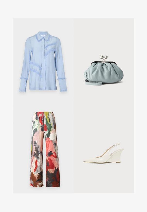 Blouse bleu clair à manches longues avec des franges le long du col, des poignets, sur le devant de la poitrine et des lignes diagonales sur le côté gauche.; Pantalon à jambes larges présentant un motif floral multicolore avec des nuances de rouge, vert et marron. Confectionné dans un tissu doux avec une taille élastique.; Chaussure compensée blanche en cuir verni avec bout pointu et bride ajustable à boucle sur fond uni.; Petit porte-monnaie en cuir bleu clair avec fermoir métallique argenté de type kiss-lock et court bracelet de poignet sur fond uni.