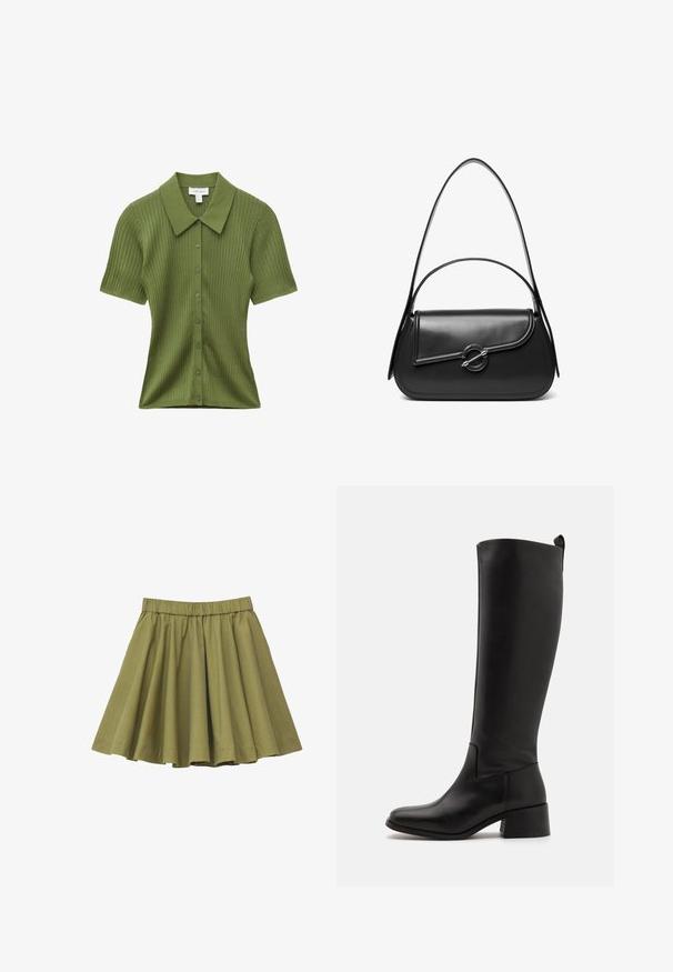 Kurzärmeliges olivgrünes, geripptes Strickhemd mit spitzem Kragen und vorderer Knopfleiste, figurbetonte Silhouette.; Olivgrüner, plissierter Rock mit elastischem Bund, knielang, aus leichtem Stoff.; Schwarze kniehohe Stiefel aus glattem Leder mit Blockabsatz, runder Spitze und einem eleganten, schlichten Design.; Schwarze Lederschultertasche mit einer geschwungenen Klappe, die durch einen runden Metallverschluss gesichert ist, und einem schlanken, verstellbaren Riemen.