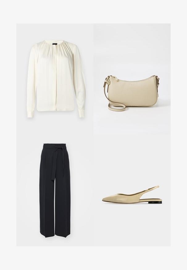 Pikkade varrukatega blusš off-white siidist. Omab ümmargust kaelust, pehmeid voldikesi õlgadel ja nööbitavaid mansette. Sile tekstuur ja minimalistik disain.; Laiad mustad püksid pehmest kangast. Omavad vöökohta, millel on vöö ja eesplekid. Sile tekstuur koos puhta ja kaasaegse disainiga.; Beež värvi terava nina, madala musta kontsaga ja sileda nahkpinna ning rihmaga tasapinnaline king side-vaates tavalise taustaga.; Beez nahkrist kott ristkeha kujuga, kuldsete detailide aksentidega, lukuga sulgemine ja reguleeritav rihm. Esiküljel on reljeefne "BOSS" logo.