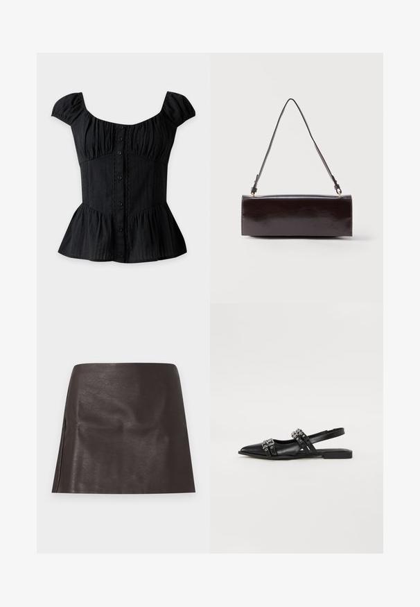 Haut noir à manches courtes avec boutons, encolure carrée, poitrine froncée, taille ajustée, bordure en dentelle et basque.; Jupe mini courte en similicuir marron foncé avec une coupe droite et des plis subtils, présentée sur un fond blanc uni.; Even&Odd Ballerines à brides arrière - black; Sac à main rectangulaire en cuir noir avec une longue bandoulière unique et une finition brillante, présenté sur un fond blanc uni.