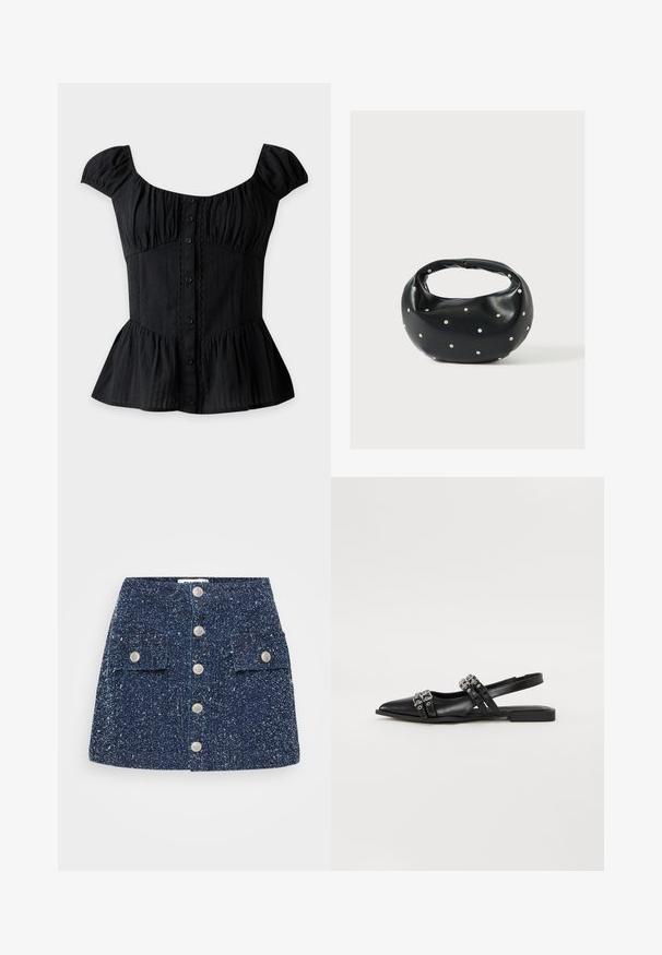 Schwarzes kurzärmeliges Button-up-Top mit quadratischem Ausschnitt, geraffter Brust, taillierter Taille, Spitzenbesatz und Schößchen-Saum.; Marineblauer Tweed-Minikleid mit vorderem Knopfverschluss, zwei aufgesetzten Taschen und strukturiertem Muster. Mit silberfarbenen Knöpfen zum Verschließen.; Even&Odd by Zalando Sling-Ballerina - black; Schwarze Lederhandtasche mit abgerundeter Form, verziert mit silbernen Nietenakzenten und kurzem Griff. Glatte Struktur und Reißverschlussverschluss.