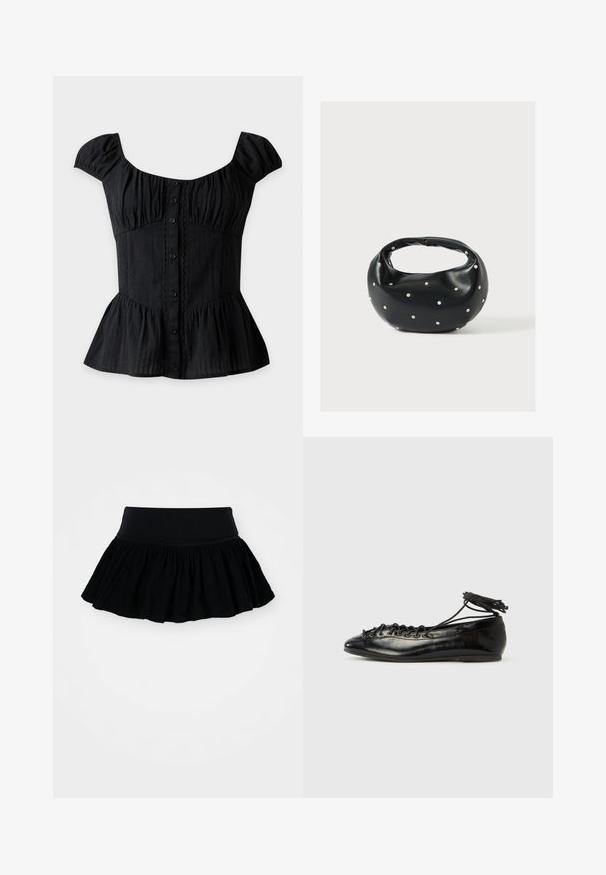 Schwarzes kurzärmeliges Button-up-Top mit quadratischem Ausschnitt, geraffter Brust, taillierter Taille, Spitzenbesatz und Schößchen-Saum.; Schwarzer ausgestellter Rock aus gerafftem, strukturiertem Stoff mit einem breiten Taillenbund. Schlichtes Design, keine Muster oder Beschläge vorhanden.; Schwarze Ballerinas aus Lackleder mit runder Spitze, Schnürdesign und flacher Sohle. Glatte Textur mit minimaler Verzierung.; Schwarze Lederhandtasche mit abgerundeter Form, verziert mit silbernen Nietenakzenten und kurzem Griff. Glatte Struktur und Reißverschlussverschluss.