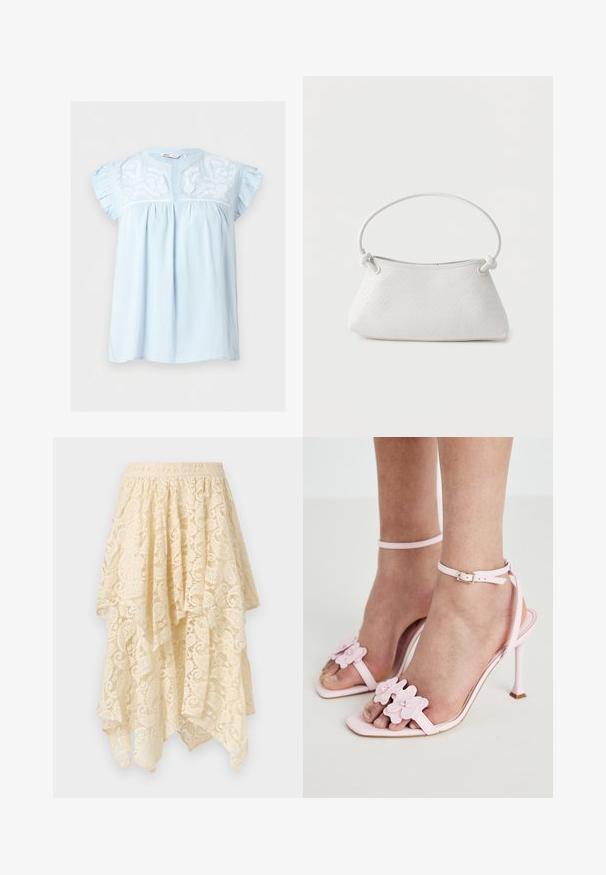 Blouse bleu clair à manches courtes avec manches à volants, broderie florale blanche sur la poitrine et une petite ouverture en V.; Jupe longue asymétrique en dentelle crème avec ourlet festonné et taille élastique, présentant des motifs floraux et tourbillonnants sur tout le tissu.; Sandales à talons hauts roses avec des appliqués floraux, une fine bride de cheville et un design ouvert à l'avant. Texture lisse et forme de pointe.; Sac à main en cuir tressé blanc avec poignée arrondie et extrémités de lanière nouées, présenté sur un fond uni.