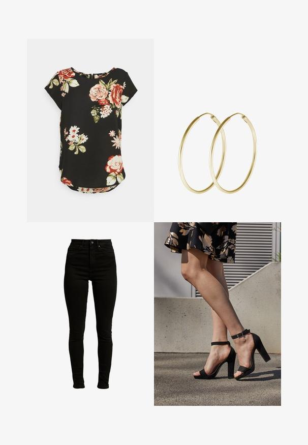 ONLY Tall ONLVIC - T-Shirt print - black/pink; Schwarze hochgeschnittene Skinny-Jeans aus Denim mit leichtem Stretch, ausgestattet mit einem Reißverschluss, einem einzelnen Knopfverschluss und einem Fünf-Taschen-Design.; Schwarze Wildleder-High-Heelsandalen mit einem Knöchelriemen und einer Schnalle, offener Zehenpartie und einem stabilen Absatz. Glatte Textur und minimalistischer Stil.; Goldene Creolen mit einem glatten, abgerundeten Design und einem glänzenden Finish. Leichte Bauweise mit einem sicheren Verschluss.