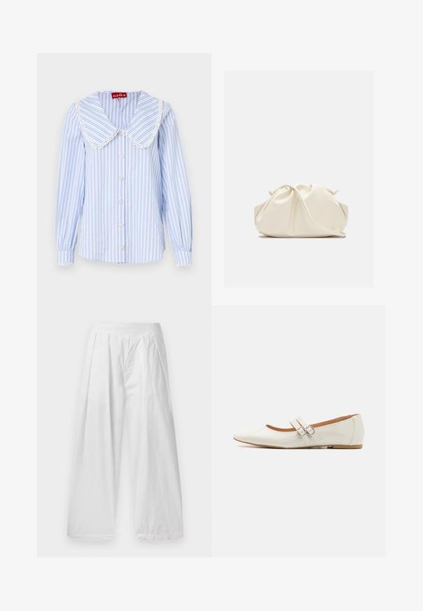 Chemise rayée bleu clair avec un grand col en dentelle blanche, boutons décoratifs et poignets élastiqués. Fabriquée à partir d'un tissu à la texture lisse.; Pantalons larges blancs en tissu léger. Dotés d'une coupe ample, de plis à l'avant et d'une taille élastique.; Ballerines en cuir verni blanc avec un bout pointu, deux sangles décoratives avec des boucles en argent, et une semelle marron discrète.; Pochette en cuir souple couleur crème avec un design froncé et une fine bandoulière reposant à l’avant sur un fond uni.