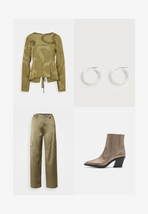 Haut à manches longues vert olive avec une coupe décontractée, présentant un motif en relief semblable à une peau de serpent et un détail noué à l'ourlet.; Pantalons cargo vert olive avec un design à jambes larges, présentant deux poches latérales, un tissu texturé et une taille ajustée avec passants de ceinture.; Bottine en bronze métallisé avec un orteil pointu, une surface texturée, des découpes verticales et un talon bloc avec un accent transparent.; Paire de boucles d'oreilles créoles moyennes argentées brillantes avec de fines attaches métalliques sur un fond clair et neutre.