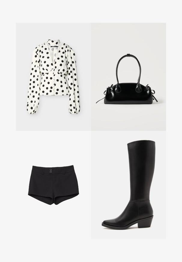 Witte blouse met zwarte polka dots, lange opgeblazen mouwen, diepe V-hals en met stof bedekte knopen aan de voorkant.; Zwarte shorts van stof met een gladde textuur. Voorzien van een tailleband, twee voorzakken en twee zwarte knoopsluitingen aan de voorkant.; Zwarte leren kniehoge laars met puntige neus en lage blokhak, getoond in rechter zijprofiel op een effen lichte achtergrond.; Kleine zwarte glanzende handtas met twee lange hengsels en zijkant trekkoord details op een effen lichte achtergrond.