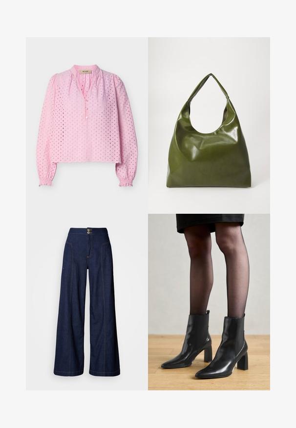 Lichtroze blouse met lange mouwen en eyeletpatroon, met een gegolfde zoom, een V-hals met knopen en elastische, geplooide manchetten van het merk Mos Mosh.; Wijde jeans in donker denim met contrasterende oranje stiksels, twee steekzakken aan de voorkant en een dubbele knoopsluiting in de tailleband.; Zwarte leren enkellaarsjes met een spitse neus, stevige vierkante hak en een fraaie uitstraling. Beschikt over elastische zijpanelen voor gemakkelijke aan- en uittrekken.; Groene leren hobotas met een slordig ontwerp, gebogen handvat en een gladde textuur. Bevat geen zichtbare hardware of accenten.