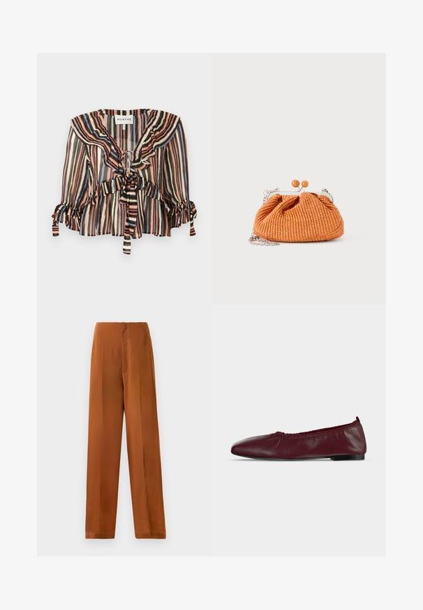Stribet bluse med flæset halsudskæring og ærmer, bindebånd foran, let og gennemsigtigt materiale i sort, beige, pink og marineblå nuancer.; Viddebukser i en varm brun farve med en glat tekstur, høj talje og kontrasterende hvid syning langs sømmene.; Bourgogne læder balletflad sko med samlet elastisk topkant og tynd sort sål på hvid baggrund.; Lille orange flettet clutch-pung med sølvmetalramme, rund lukning og en sølvkæde-rem på en hvid baggrund.
