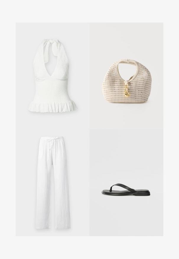 Weißes ärmelloses Top mit Neckholder, strukturierter Stoff, geraffte Taille und Rüschensaum.; Weiße leichte Leinenhose mit Kordelzug in der Taille und geradem Bein, auf einfachem Hintergrund dargestellt.; Schwarze Flip-Flops aus glattem Leder, mit einem dünnen Riemendesign und einer flachen Sohle mit minimalem Profil. Keine bemerkenswerten Muster oder Akzente.; Cremefarbene gewebte Handtasche mit abgerundeter Form, kurzem Griff und dekorativem goldfarbenem Verschluss, der vorne in der Mitte hängt.