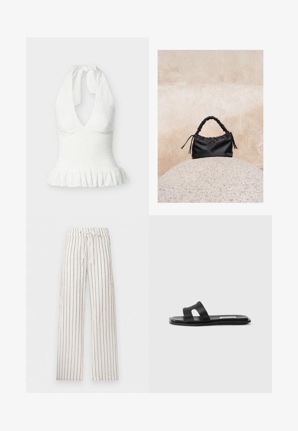Top blanco sin mangas con cuello halter, tela texturizada, cintura fruncida y dobladillo con volantes.; Pantalones blancos de pierna ancha con finas rayas verticales negras y cinturilla con cordón.; Sandalia plana negra con dos correas anchas, un detalle de corte en una de las correas y un acabado mate suave. Suela delgada y flexible.; Bolso negro fruncido con asa recogida, apoyado sobre una esfera de piedra texturizada frente a una pared de hormigón beige.