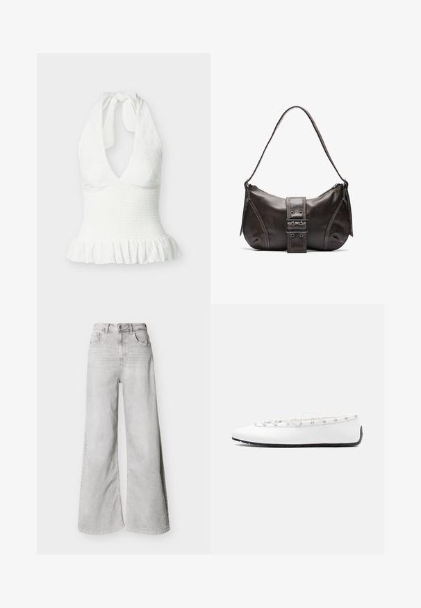 Haut blanc sans manches à col licou avec tissu texturé, taille froncée et ourlet à volants.; Jeans larges gris clair en jean, avec une taille haute, des poches avant et une fermeture à boutons. Texture lisse avec un léger aspect délavé.; Ballerine plate en cuir blanc avec un détail à lacets et des œillets métalliques, vue de profil sur un fond clair uni.; Sac à épaule en cuir marron avec une forme courbée, présentant un détail de boucle proéminent, des coutures contrastantes et une seule bandoulière.
