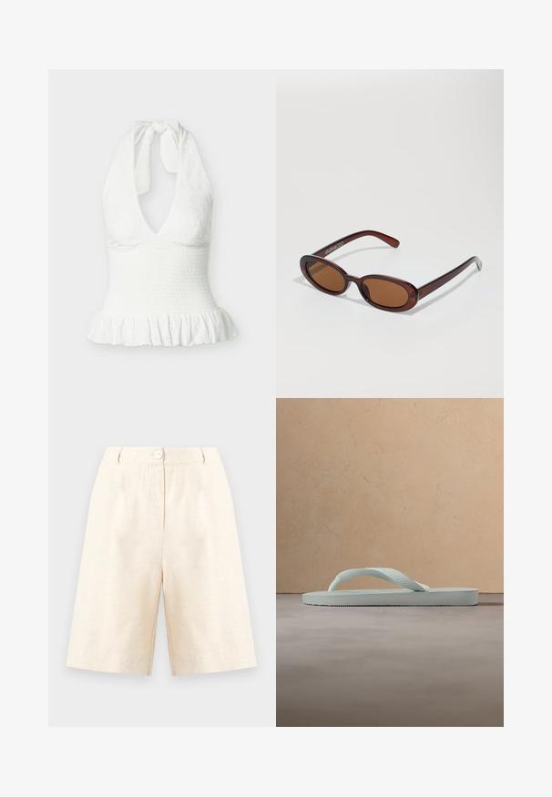 Top blanco sin mangas con cuello halter, tela texturizada, cintura fruncida y dobladillo con volantes.; Pantalones cortos beige hasta la rodilla con cierre de botón y cremallera, trabillas para cinturón y corte recto sobre un fondo claro liso.; Sandalia tipo chancla de goma beige claro con plantilla texturizada y correa en forma de Y sobre un fondo gris liso.; Gafas de sol redondas con tinte marrón y un marco burdeos brillante. Patillas delgadas con un sutil detalle de marca. Diseño de lentes planos.