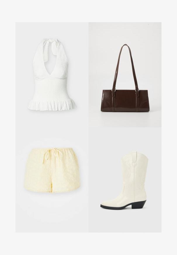 Witte haltertop zonder mouwen met gestructureerde stof, een taille met plooitjes en een gerimpelde zoom.; Gele katoenen shorts met een elastische tailleband en een trekkoord. Heeft geborduurde bloemenpatronen en een scalloped zoomdetail.; Witte westernlaars tot halverwege de kuit met puntige neus, zwarte gestapelde hak, decoratieve stiknaden en een lus aan de schacht.; Bruine lakleren handtas met een rechthoekige vorm, twee lange handvatten en subtiele gebogen accenten aan de voorkant.