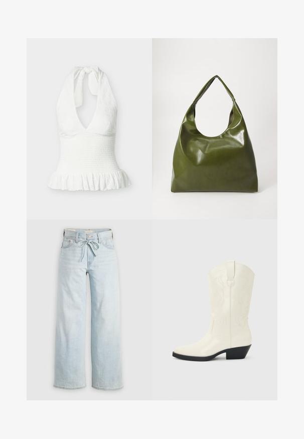 Top blanco sin mangas con cuello halter, tela texturizada, cintura fruncida y dobladillo con volantes.; Jeans de tiro alto de color azul claro, de pierna ancha, con lazo en la parte delantera, diseño clásico de cinco bolsillos y un sutil detalle de desgaste en las piernas. Material de denim.; Bota blanca de estilo occidental hasta la mitad de la pantorrilla, con punta puntiaguda, tacón apilado negro, costuras decorativas y tira para tirar en el eje.; Bolsa hobo verde de cuero con un diseño suave, asa curvada y textura lisa. No contiene hardware visible ni acentos.