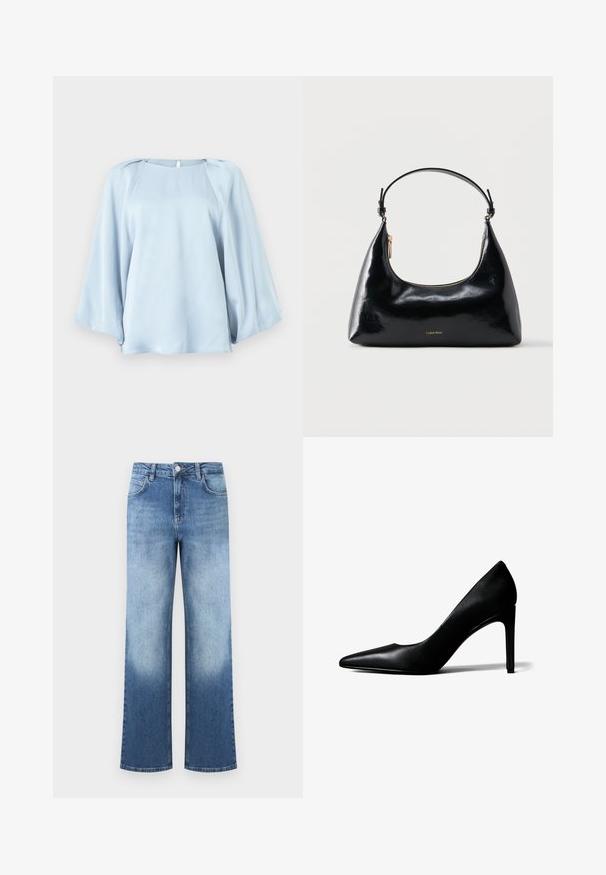 Blouse bleu clair avec de larges manches longues fluides et un col rond, fabriquée en tissu lisse et soyeux.; Jean en denim bleu taille haute avec un dégradé passant du bleu clair au bleu plus foncé, équipé de poches avant et d'une fermeture à bouton.; Chaussure à talon haut en cuir noir à bout pointu avec un talon aigu fin sur fond blanc.; Sac à main Calvin Klein noir brillant avec fermeture éclair dorée et anse courte sur fond blanc uni.