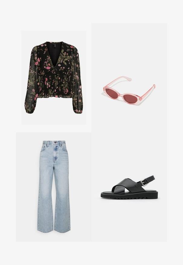 Schwarze transparente Langarmbluse mit pinkem und grünem Blumenmuster, tiefem V-Ausschnitt, gerafftem Oberteil und leicht gepufften Ärmeln mit elastischen Bündchen.; Helle blaue Jeans im weiten Schnitt mit hoher Taille, klassischem Fünf-Taschen-Design und kontrastierenden Nähten. Unfinished Saum am unteren Ende.; Schwarze Leder-Sandalen mit einem Kreuzriemen-Design, verstellbarem Schnallenverschluss und strukturierten Sohlen mit Rippen für besseren Halt.; Pink transparente Sonnenbrille mit ovalen Gläsern, dunkler roter Tönung und schlanken Bügeln, ausgestattet mit einer glatten Oberfläche und dezenten Details am Rahmen.