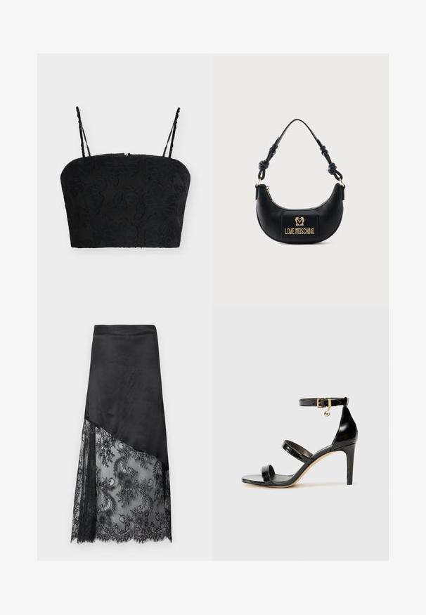 Top corto negro con tirantes delgados ajustables y textura jacquard floral sobre un fondo claro liso.; Falda negra asimétrica con parte superior de satén sólido y superposición de encaje floral transparente en la mitad inferior.; Sandalia de charol negro con tres correas, hebilla en el tobillo y tacón de aguja de 10 cm. Presenta detalles de hardware en oro y un charm con el logo.; Bolso negro en forma de media luna con asa anudada y placa frontal dorada con el logo "Love Moschino", cierre superior con cremallera.