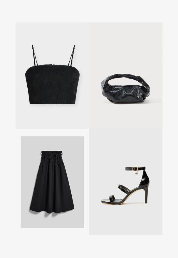 Μαύρο crop top με λεπτές ρυθμιζόμενες τιράντες και υφή από φλοράλ ζακάρ σε απλό ανοιχτό φόντο.; Μαύρη midi φούστα με σούρες, ελαστική ζώνη μέσης και δεμένους κορδονέτες και στις δύο πλευρές, επιδεικνυόμενη επίπεδα σε γκρι φόντο.; Μαύρη λουστρίνι σανδάλι με τρεις λωρίδες, πόρπη στον αστράγαλο και τακούνι στιλέτο 10 εκ. Διαθέτει χρυσά μεταλλικά στοιχεία και λογότυπο.; Μαύρη τσάντα φτιαγμένη από γυαλιστερό, υφασμάτινο υλικό με κυκλική, στροβιλισμένη λαβή και κλείσιμο με φερμουάρ. Διαθέτει ένα μαλακό, ζαρωμένο σχέδιο.