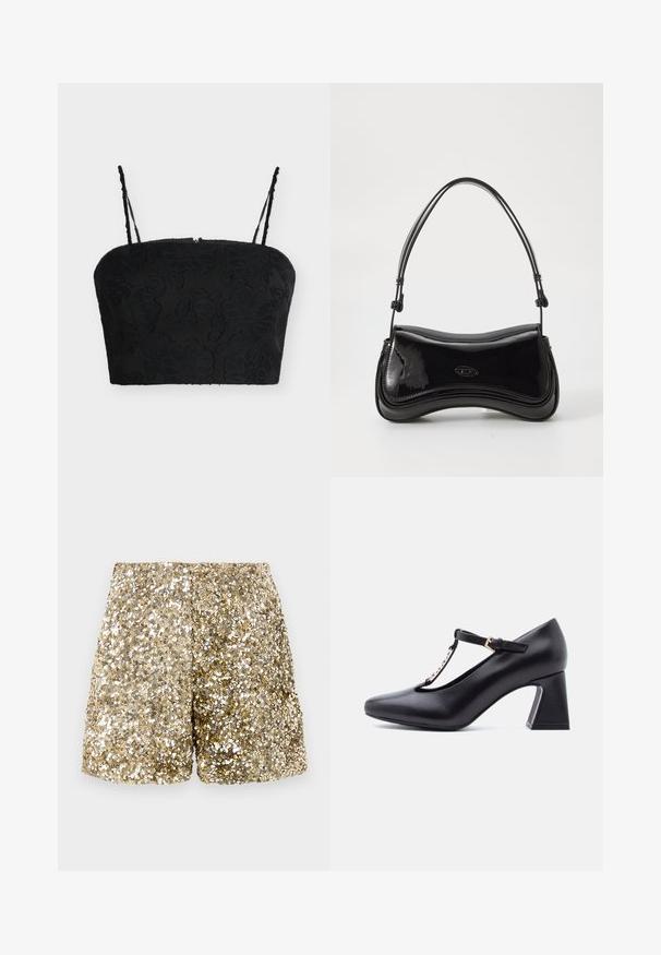 Sort crop top med tynde justerbare stropper og blomstrede jacquardteksturer på en ensfarvet lys baggrund.; Guldglitrende shorts med en skinnende tekstur, der har en løs pasform og en elastisk talje. Pailletterne skaber en funklende effekt.; Sort læder T-rem pumpet sko med firkantet tå, guld spænde og blokhæl, vist i sideprofil på hvid baggrund.; Sort patentlæder håndtaske med en buet form, et enkelt håndtag og en rund bund. Har en subtil logo-detalje på forsiden.
