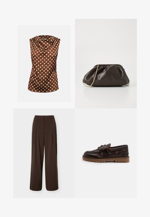 Blouse marron sans manches avec des pois blancs, col haut drapé et boutons décoratifs aux épaules.; Pantalon large marron foncé avec plis à l'avant, passants de ceinture et fermeture éclair avant cachée.; Bateau en cuir marron avec bout arrondi, deux œillets et semelle en caoutchouc texturée. Doté de détails surpiqués et d'une semelle extérieure contrastante couleur tan.; Sac à main en cuir marron avec un design froncé, une bandoulière en chaîne dorée et une finition douce et texturée. Sa forme compacte est idéale pour une utilisation en soirée.