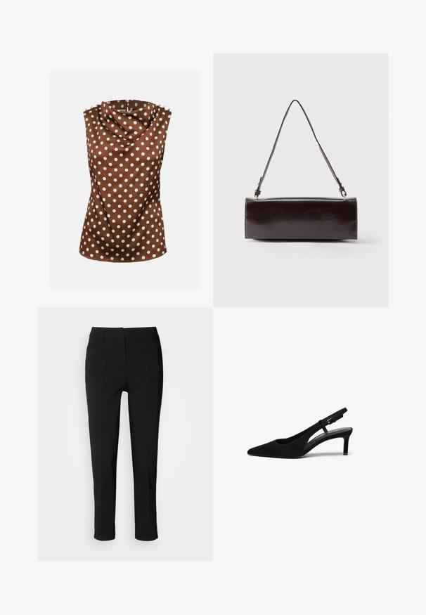 Mouwloze bruine blouse met witte polkadots, gedrapeerde hoge halslijn en decoratieve knopen op de schouders.; Zwarte op maat gemaakte broeken met een slim fit, rechte voorkant en geen zichtbare zakken, met een gladde textuur en een nette afwerking aan de zoom.; Zwarte suède slingback schoen met een puntige neus, lage hak, open zijkant en verstelbare band met een metalen gespsluiting. Glad textuur.; Rechthoekige zwarte leren handtas met een enkele lange schouderband en een glanzende afwerking, weergegeven tegen een effen witte achtergrond.