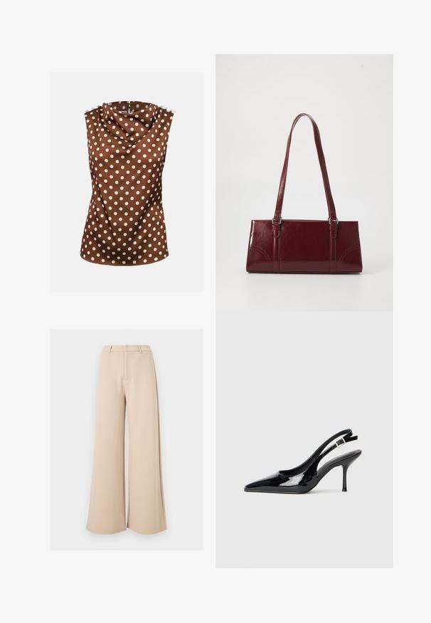 Ärmellose braune Bluse mit weißen Polka-Punkten, drapiertem hohem Ausschnitt und dekorativen Knöpfen auf den Schultern.; Beige, hoch taillierte, weit geschnittene Hose mit Gürtelschlaufen und verdecktem Verschluss vorne vor weißem Hintergrund.; Schwarze Lackleder Slingback-Pumps mit einer spitzen Zehe und schlankem Absatz. Mit einem verstellbaren Schnallenriemen hinten. Glatte Textur.; Burgunderfarbene Handtasche aus glänzendem Material, rechteckige Form, mit zwei Schulterriemen und subtilen, geschwungenen Akzenten an der Vorderseite.