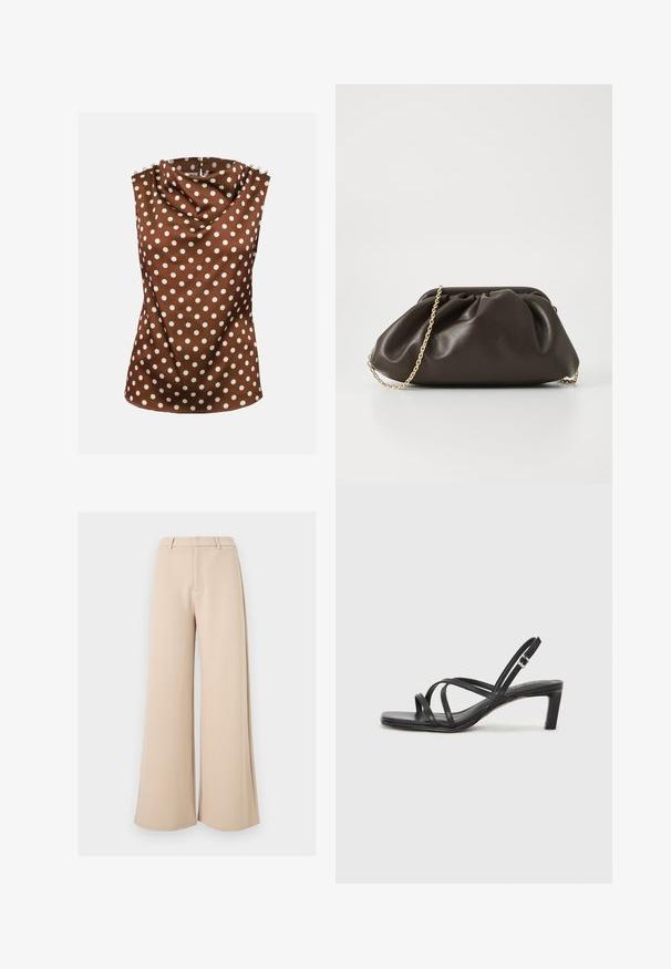 Mouwloze bruine blouse met witte polkadots, gedrapeerde hoge halslijn en decoratieve knopen op de schouders.; Beige wijde broek met hoge taille, riemlussen en een verborgen sluiting aan de voorkant, op een witte achtergrond.; Zwarte sandaal met bandjes, vierkante teen en een lage blokhak. Voorzien van meerdere dunne bandjes en een verstelbare enkelband. Gemaakt van zacht leer.; Bruine leren handtas met een geaccentueerd ontwerp, gouden kettinghengsel en een zachte, textuurafwerking. Compacte vorm geschikt voor avondgebruik.