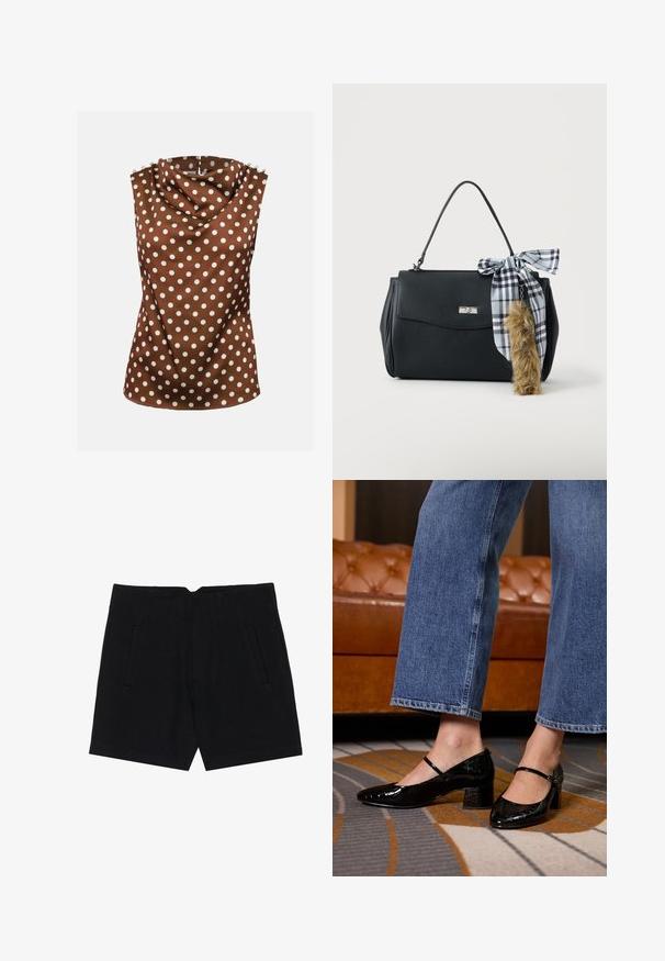 Mouwloze bruine blouse met witte polkadots, gedrapeerde hoge halslijn en decoratieve knopen op de schouders.; Zwarte shorts van een gladde stof, met zijzakken, een getailleerde pasvorm en gestikte plooien aan de voorkant voor een nette silhouet.; Zwarte gepatineerde leren pumps met een spitse neus, blokhak en enkelbandje, gedragen met wijduitlopende denim jeans, op een gedessineerd tapijt.; Zwarte handtas met een bovenhandvat, zilverkleurige sluiting en een zwart-wit geruit lint vastgeknoopt aan een bruine, harige sleutelhanger.