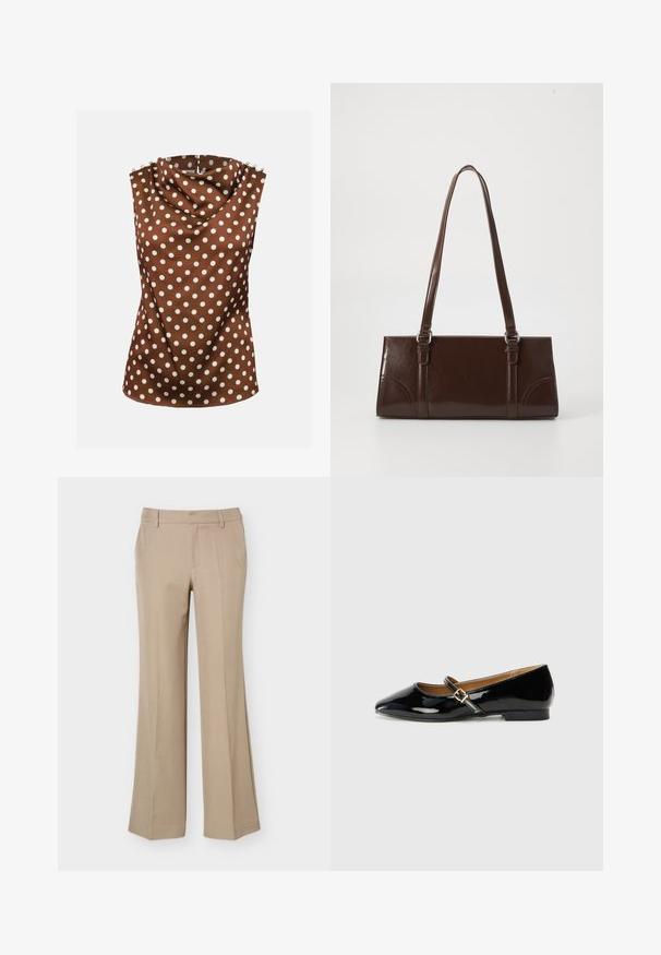 Mouwloze bruine blouse met witte polkadots, gedrapeerde hoge halslijn en decoratieve knopen op de schouders.; Beige damesbroek met riemlussen, een voorvouw en een rechte wijde pijp op een effen witte achtergrond.; Zwarte patenten leren ballerina met een spitse neus, enkelband met een goudkleurige gesp en een lage blokhak. Glad, glanzend oppervlak.; Bruine lakleren handtas met een rechthoekige vorm, twee lange handvatten en subtiele gebogen accenten aan de voorkant.