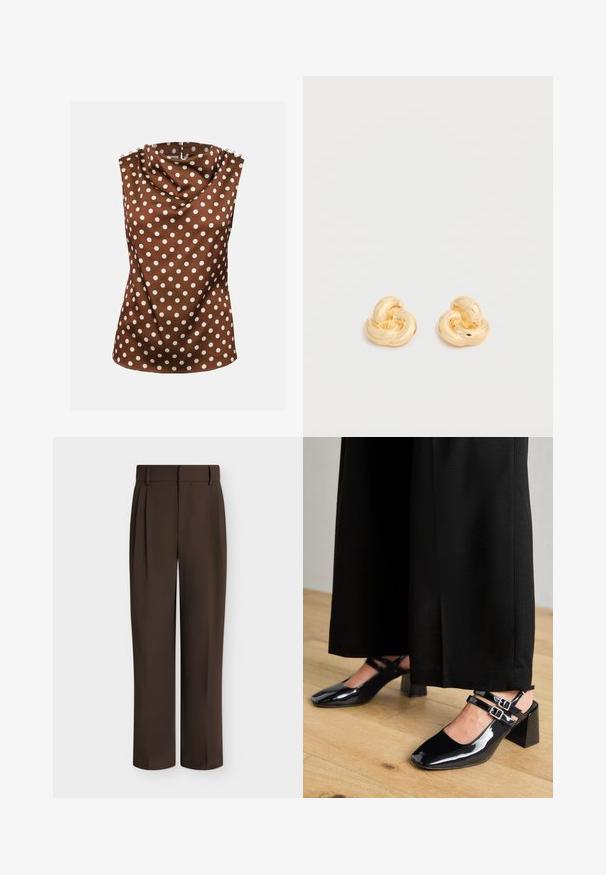 Ärmellose braune Bluse mit weißen Polka-Punkten, drapiertem hohem Ausschnitt und dekorativen Knöpfen auf den Schultern.; Gerade geschnittene dunkelbraune formelle Hose mit Gürtelschlaufen und Vorderfalten, auf einfachem hellem Hintergrund dargestellt.; Schwarze Lackleder-Slingback-Schuhe mit quadratischen Zehen, ausgestattet mit doppelt verstellbaren Knöchelriemen und Blockabsätzen. Glatte, glänzende Oberfläche.; Paar glänzende Ohrstecker in Form eines Knotens in Goldton vor einem einfachen weißen Hintergrund.