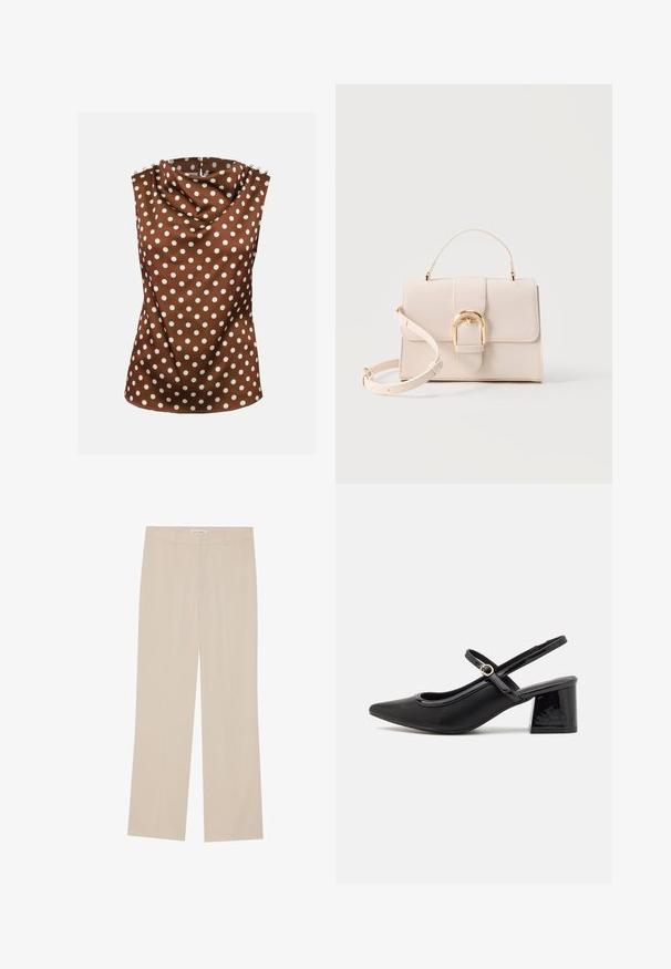 Mouwloze bruine blouse met witte polkadots, gedrapeerde hoge halslijn en decoratieve knopen op de schouders.; Beige wijde broek met een gladde textuur, met een getailleerde pasvorm, twee voorzakken en subtiele plooi-details langs de benen.; Zwarte gepolijste leren slingback hakken met een spitse neus, een ronde uitsnede en een blokhak. Voorzien van een gouden gespaccent.; Beige gestructureerde handtas met bovenhandvat, afneembare schouderriem en goudkleurige boogsluiting op een lichte achtergrond.