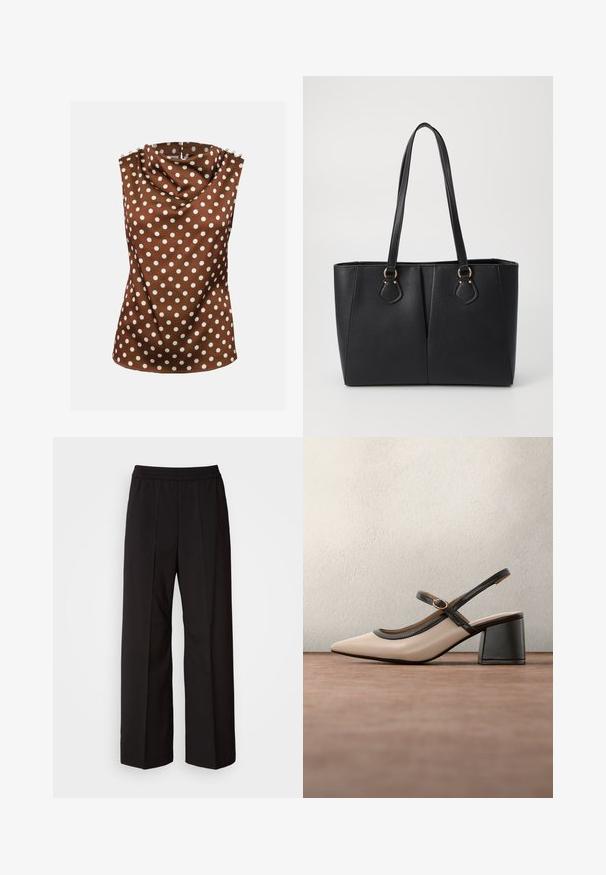 Blouse marron sans manches avec des pois blancs, col haut drapé et boutons décoratifs aux épaules.; Pantalons larges noirs avec un design plissé, une taille élastique et une texture de tissu lisse. Convient à diverses occasions.; Chaussure beige à talons hauts avec bride arrière, bout pointu, bordure noire et détail boucle. Matériau lisse à finition mate, talon moyen épais.; Sac fourre-tout noir en simili cuir avec une finition texturée, deux longues poignées et des accents en métal doré sur le côté. Shape rectangulaire.